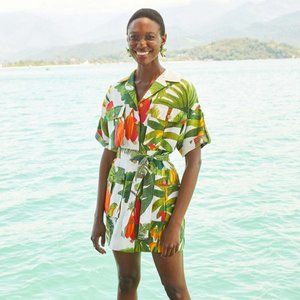 Tropical Leaf & Floral Short Dress - Green & Orange